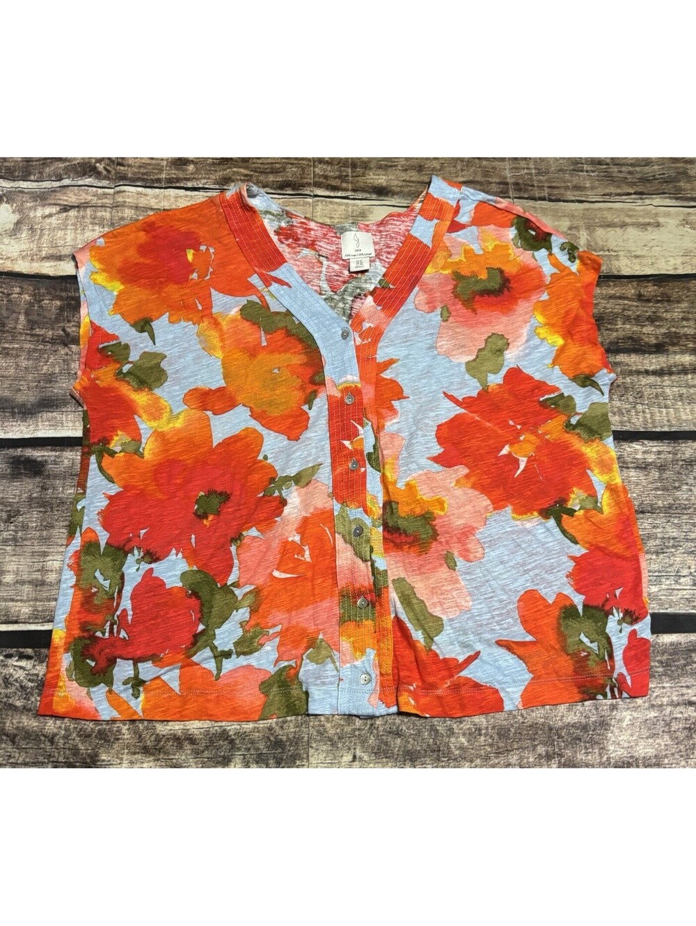 Joie Top Womens 1X Linen Blend Floral Button V-Neck Sleeveless
